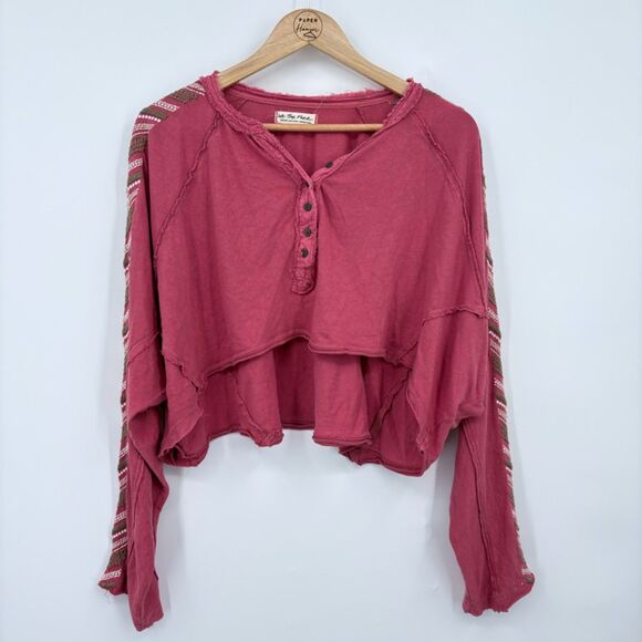 Free People Embroidered Long Sleeve Cropped Henley, Size Medium, Raw Hem Boho - Picture 2 of 11